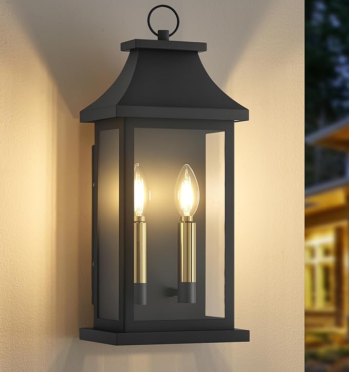 tewei 2-Light Black Outdoor Light Fixture, Porch Light Outdoor Wall Sconce Lantern, 22'' Exterior Lighting Fixture Wall Mount E12 Gold Base, Outside Light for House Backyard Garage, 1-Pack