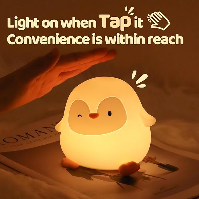 Penguin Silicone Night Light, Tap Control Dimmable Soft Nightlight with 30-Min Timer, 50H/12H Long Battery Life, Portable Bedroom Lamp for Baby Kids Toddler Girls, Gift for Easter