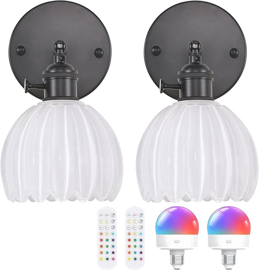 Vintage Battery Operated Wall Sconce with White Tulip Glass Lampshade Rechargeable Battery Powered Black Wall Light with Remote Control for Bedside Bedroom Doorway, Set of 2