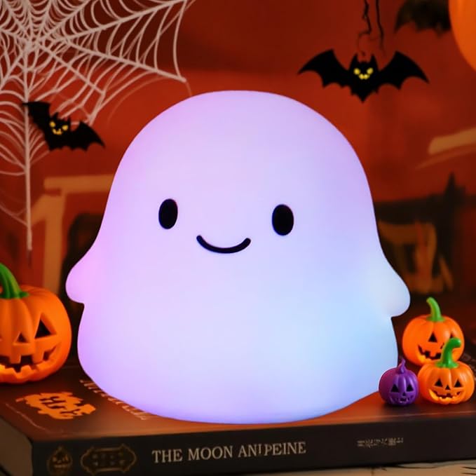 Halloween Ghost Night Light, Color-Changing & 50-Hour Battery, Spooky-Cute Squishy Lamp for Kids, USB Rechargeable with Timer, Halloween Decor & Gifts