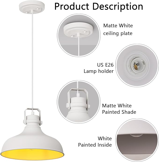 White Farmhouse Pendant Lights Matte Pendant Lighting for Kitchen Island Industrial Adjustable Height Vintage Dome Hanging Light Fixtures for Barn, Dining Room 3 Packs