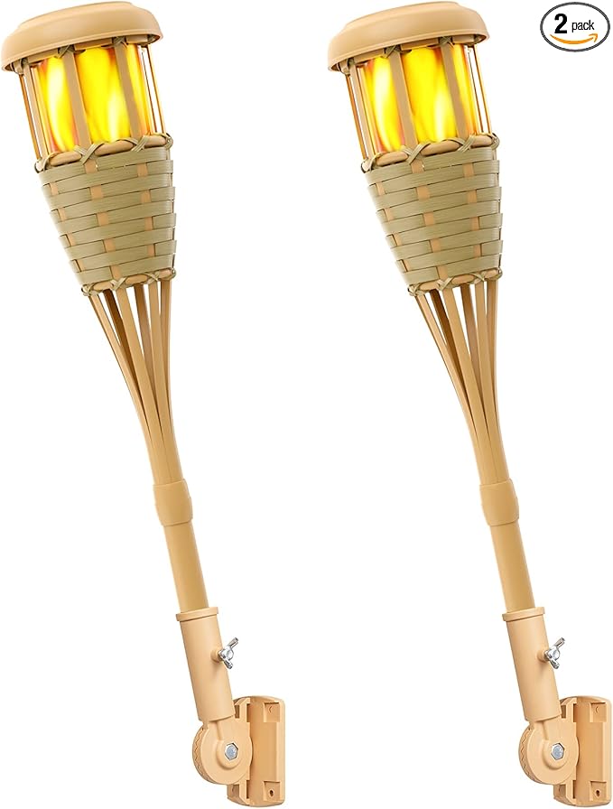 Upgraded Flickering Flames Solar Powered Lights - Solar Torches Waterproof Outdoor Decorative Lighting, Handmade Bamboo Finish, 2-Pack