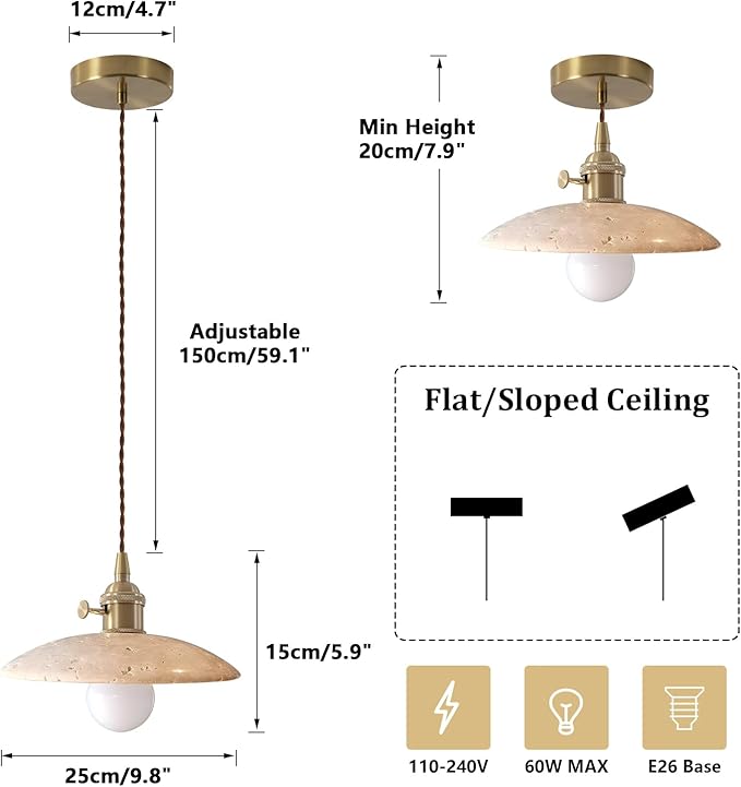 Natural Stone Shade Dome Pendant Light Wabi Sabi Style Island Pendant Lights Nordic Marble Hanging Light for Kitchen Island Dining Room, Wire Adjustable