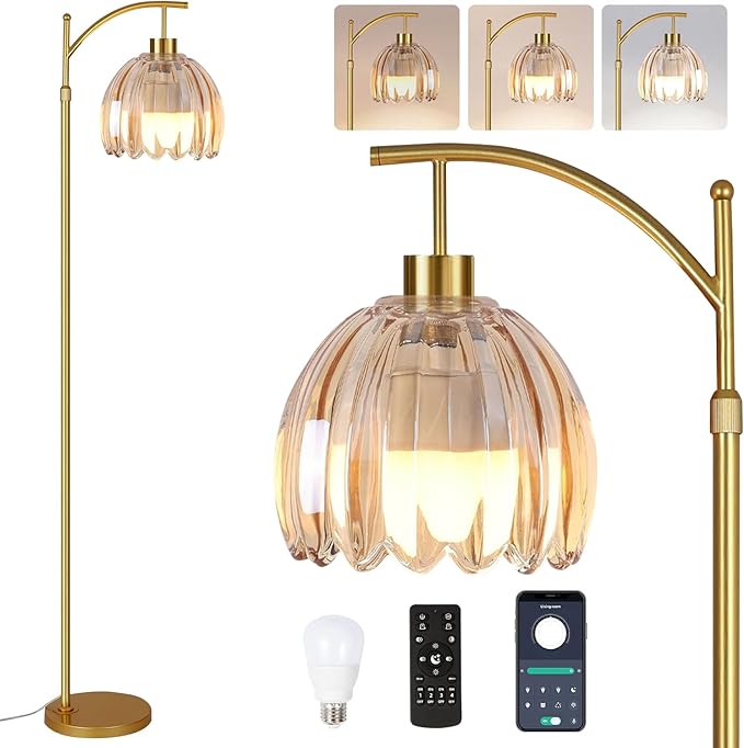 Glass Floor Lamp for Living Room,Bedroom,Gold Dimmable Standing Lamp with Remote,Mid Century Modern Brass Tall Lamp Boho Floor Lamps Arc Stained Flower Floor Light Lamp Girls Bohemian