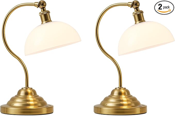 Cordless LED Table Lamp Set of 2, Battery Operated Desk Lamps with Swing Arm & Plastic Shade, Vintage Small Rechargeable Dimmable Light for Bedroom, Living Room, Nightstand, Brass/White