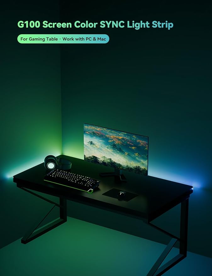 RGB Backlight for PC & Mac, LED Strip Light Sync with Screen Color or Music, Stick to The Edge of Your Desk, LEDs for Desk Gaming, USB Port, Software Control, 3.94ft / 1.2m