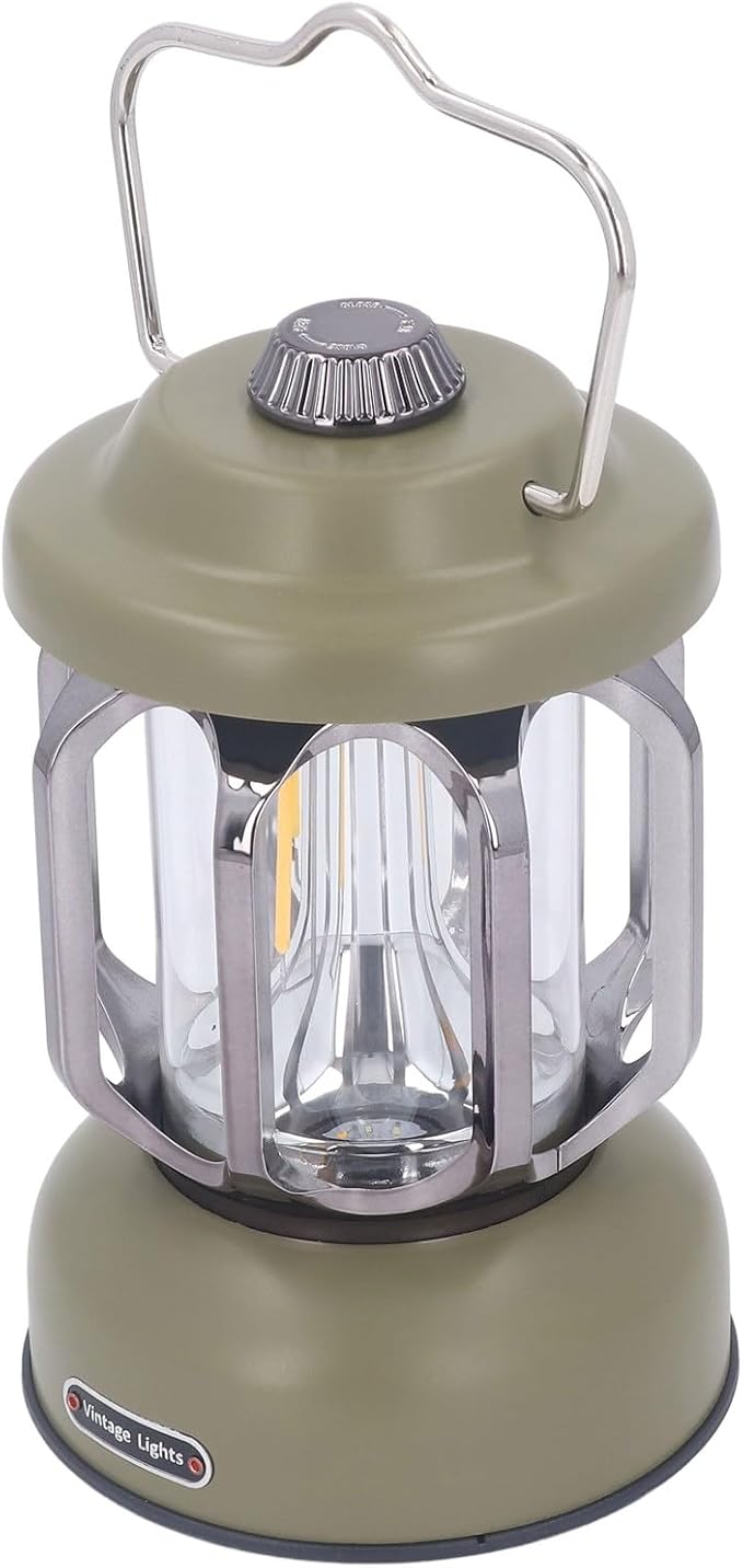 Retro Camping Lantern, Rechargeable LED Tent Lamp with 3 Light Modes, Dimmable Vintage Camping Light with Hook, USB Type C Portable Lantern for Garden Outdoor (Green)