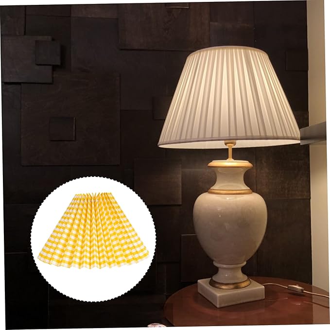 Vaguelly Small Pleated Drum Lampshade for Table Lamp Iron Frame with Yellow Plaid Fabric Easy Installation for Bedroom Living Home and Office Use