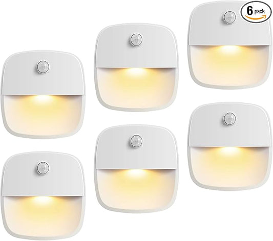 AMIR Motion Sensor Light Indoor, Upgraded Battery-Powered LED Night Light with PIR Technology for Bathroom, Kitchen, Stairs, Under Cabinet, Closet, Stick on Anywhere Hallway Lamp (Warm White, 6-Pack)
