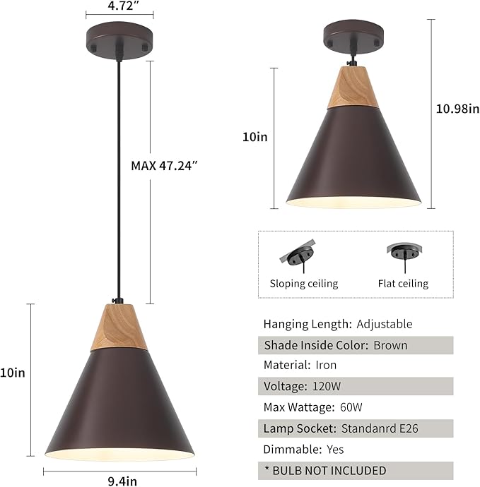 Farmhouse Pendant Light, Brown Pendant Light 2 Packs 9.4inch, Kitchen Pendant Lights, Pendant Lights Kitchen Island for Kitchen, Bedroom, Bar
