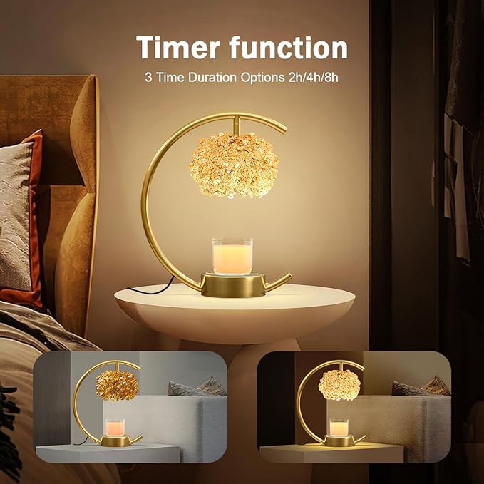 Bronze Candle Warmer Lamp for Jar Candles with Adjustable Brightness＆Timer，Handcrafted Crystal＆Wooden Base,Candle Lamp Luxurious Design+2Bulbs,Home Decoration Electric Candle lamp(C-Shaped)