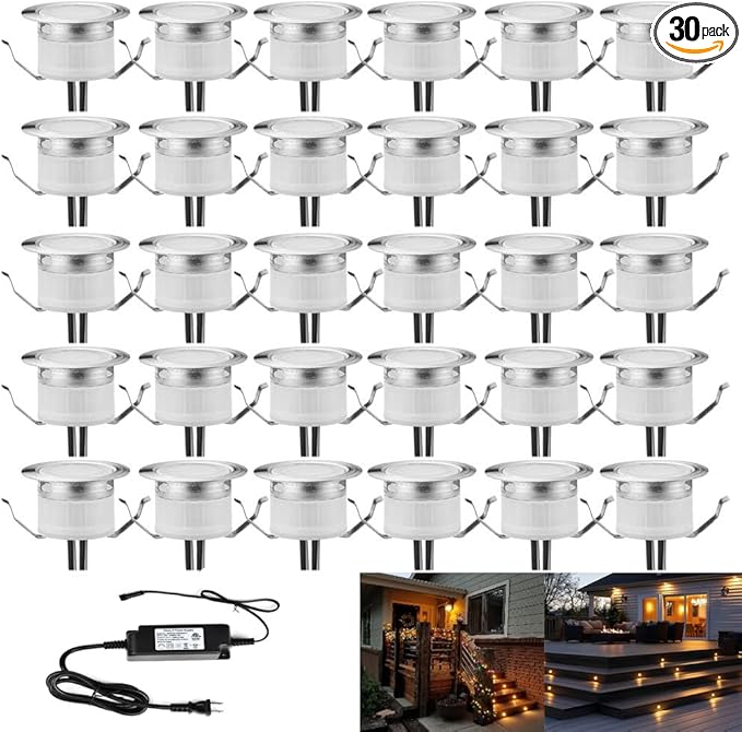 FVTLED LED Deck Lights Set, 30pcs Φ1.22 Low Voltage Waterproof Recessed Deck Lamp Warm White LED In-ground Lighting Outdoor Garden Yard Pathway Patio Step Stairs Decor