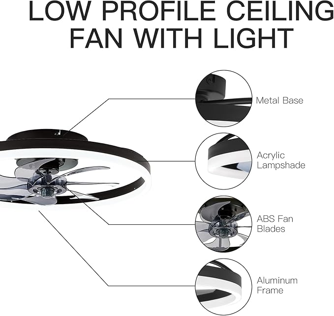STERREN 20'' Modern Low Profile Ceiling Fan with Light, Bedroom LED Ceiling Fan with Remote Control, Bladeless Flush Mount Black Fan Lights Ceiling Fixtures for Living Room,Small Room