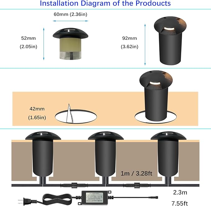 LED Outdoor In Ground Lights with Protecting Shell, Warm White Φ2.36in Low Voltage 12V DC IP67 Waterproof, Electric Wired Recessed Landscape Well Lighting for Outside Yard Floor, 12 Pack Black