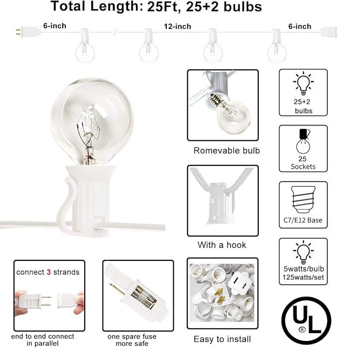 Abeja 25FT Outdoor White String Lights, G40 Globe Patio Lights with 27 Clear G40 Bulbs, Waterproof Hanging Outdoor Light for Backyard Porch Balcony Party Decor - White Wire