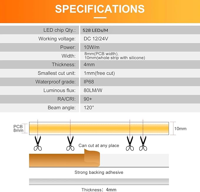 Free Cuttable COB LED Neon Strip Light Waterproof IP68, 12V 16.4ft 6000K Silicone Flexible DIY LED Tape Light for Outdoor Bathroom Swimming Pool Decoration (Without Power Supply)
