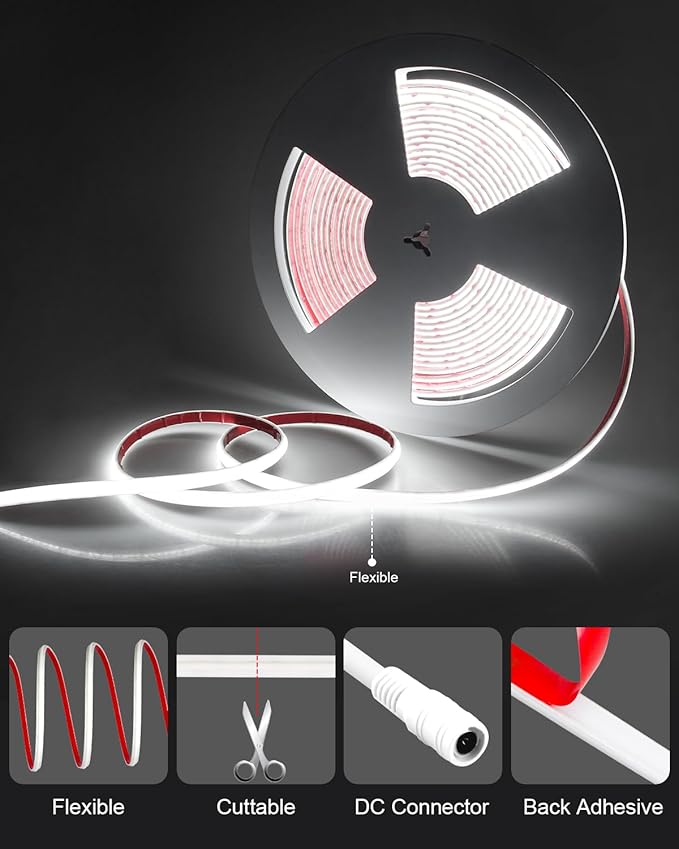 ALITOVE 32.8ft COB Outdoor LED Strip Lights Waterproof IP68 COB LED Light Strip High Density Daylight White 6500K 2400LEDs Uniform Glow LED Tape Light 24V for Patio Pool Hallway(No Adapter & Dimmer)