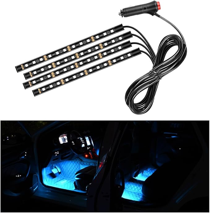 Car LED Strip Light, 48 LED RGB Auto Interior Atmosphere Lights, Cigarette Lighter Under Dash Ambient Night Light, Interior Lamp Lighting Kit (Ice Blue, Cigarette Lighter)