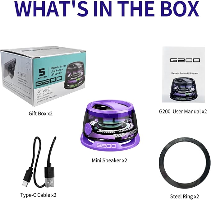 Magnetic Bluetooth Speaker - Portable Mini Speakers with RGB Light, Multifunctional G200 Speaker with 3D Surround Sound, 7H Playtime, Phone Stand for iPhone Android, Gifts for Teens, Purple
