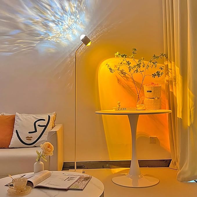 White Sunset Lamp, 360 Degree Rotation Projection Led Lights Night Light, Multicolor Colors 3D Ocean Wave Lights, Modern Floor Lamp for Living Room Bedroom Office Dining Room Ambient Lighting