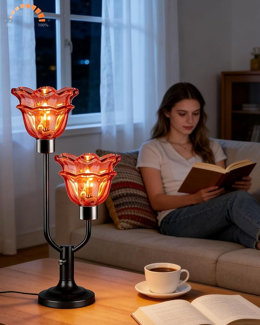 Lightdot Mid Century Modern Flower Table Lamp Black Dimmable U-Shaped Deep Red Glass Desk Lamps with 2Pcs 3000K Warmwhite Bulbs Included Bedside Nightstand Lamp for Living Room Bedroom