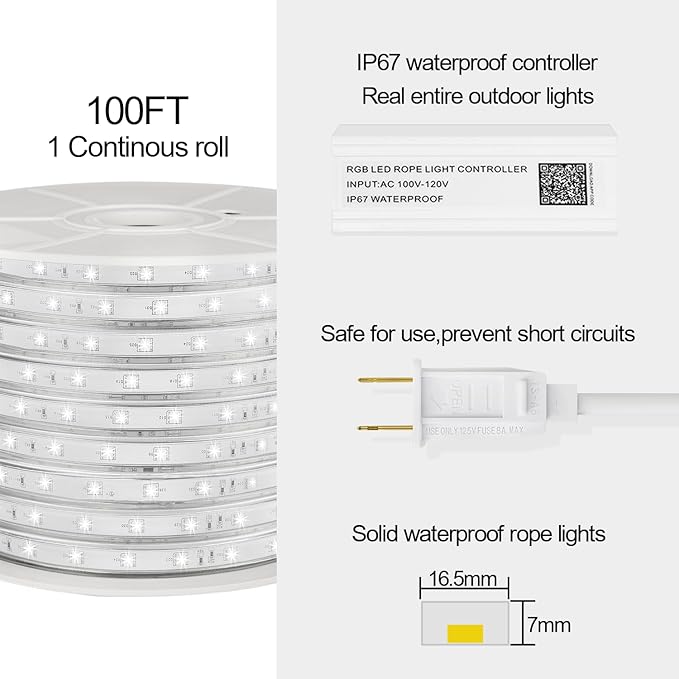 100ft Outdoor LED Strip Lights Waterproof,RGB LED Rope Lights Outdoor Waterproof Color Changing APP Remote Control Music Sync,36LED/m Flexible Rope Lights for Outside Camper Pool Deck Christmas