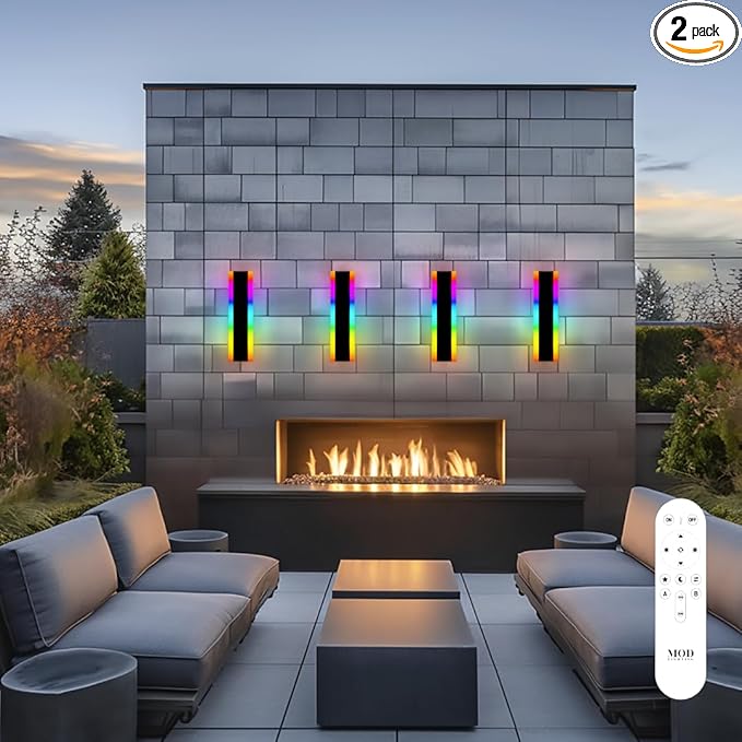 𝗠𝗢𝗗 𝗟𝗜𝗚𝗛𝗧𝗜𝗡𝗚 Haylen RGB | Long Outdoor Wall Lights, 7 Colors and 358 Light Effects, Dimmable with Remote Modern Linear Exterior Light Fixture, Waterproof Wall Sconce 45W, 2-Pack (RGB |12")