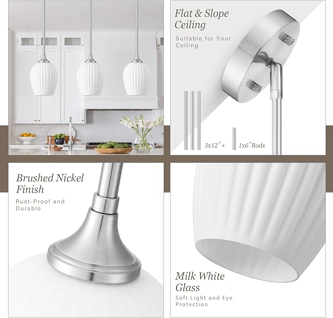 Brushed Nickel Pendant Lights Kitchen Island 2 Pack, 5.8" Modern Milk Glass Pendant Light Fixtures with Rods, Mini Hanging Lighting for Kitchen Island Sink Bathroom Dining Room, E26 Base