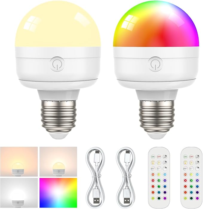 SCOPOW 2Packs E26 Rechargeable Light Bulbs with Remote, 6W 450lm Battery Operated Magnetic Light Bulbs 2500mAh, 15 RGB Color, Timer, Dimmer for Non-Hardwired Lamp