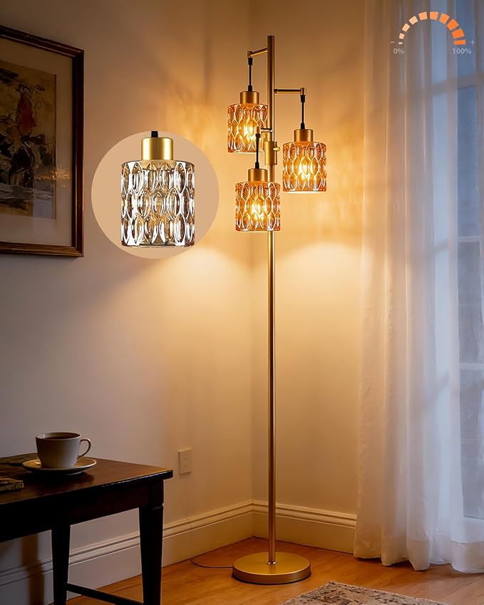 Lightdot 67" 3-Light Glass Floor Lamps for Living Room, Dimmable Floor Lamp with Brown Glass Shade& E12 Bulbs Included, Mid Century Standing Tall Lamp for Bedroom/Sofa Beside/Corner Decor-Gold