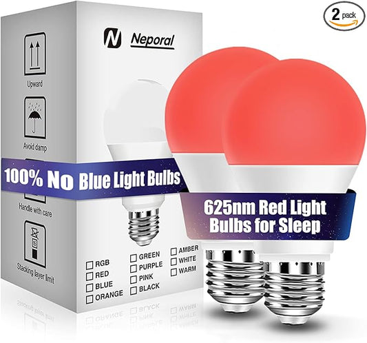 Neporal 625nm Red Light Bulbs for Sleep, 100% Blue Light Blocking Light Bulb, 9W Red Light Bulb for Melatonin Promoting, A19 60W Equivalent Dim Light Bulbs for Bedroom, Baby Nursery,2 Pack