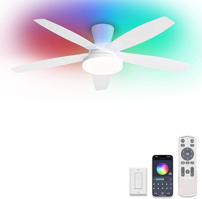 ZMISHIBO 48 inch RGB Ceiling Fans with Lights and Remote/APP Control,White Low Profile Ceiling Fan with Quiet DC Motor,LED Dimmable, Modern Flush Mount Ceiling Fan for Bedroom Indoor,Party, Patio