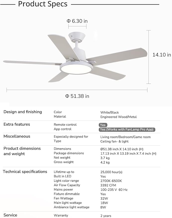 Orison Ceiling Fans with Lights, 52 inch Low Profile Ceiling Fan with RGB Backlight, Flush Mount Ceiling Fan with Remote and App Control,White Bedroom Fan, 6 Speeds, 5 Reversible Blades (White)
