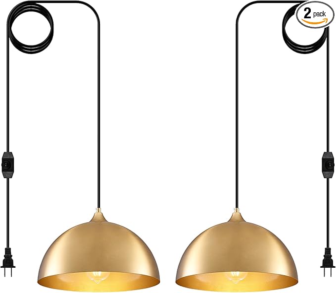 Plug in Hanging Light 2 Packs 11.8inch, Gold Hang Lamp Plug in, Farmhouse Pendant Light, Pendant Lights Kitchen Island, Hanging Lights with Plug in Cord 14.ft