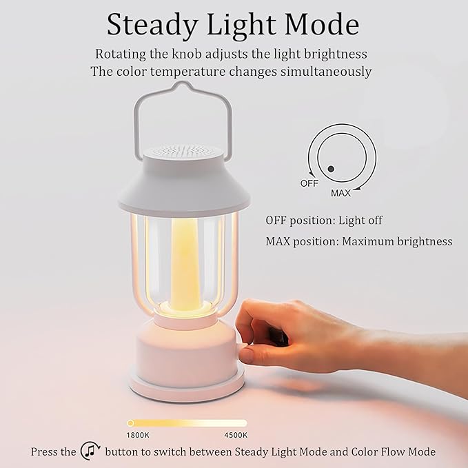Retro RGB Portable Night Light with Bluetooth Speaker, Constant Light and Fantasy Color Two Modes, Romantic Atmosphere Lamp, Vintage Camping Light with Handle (White)