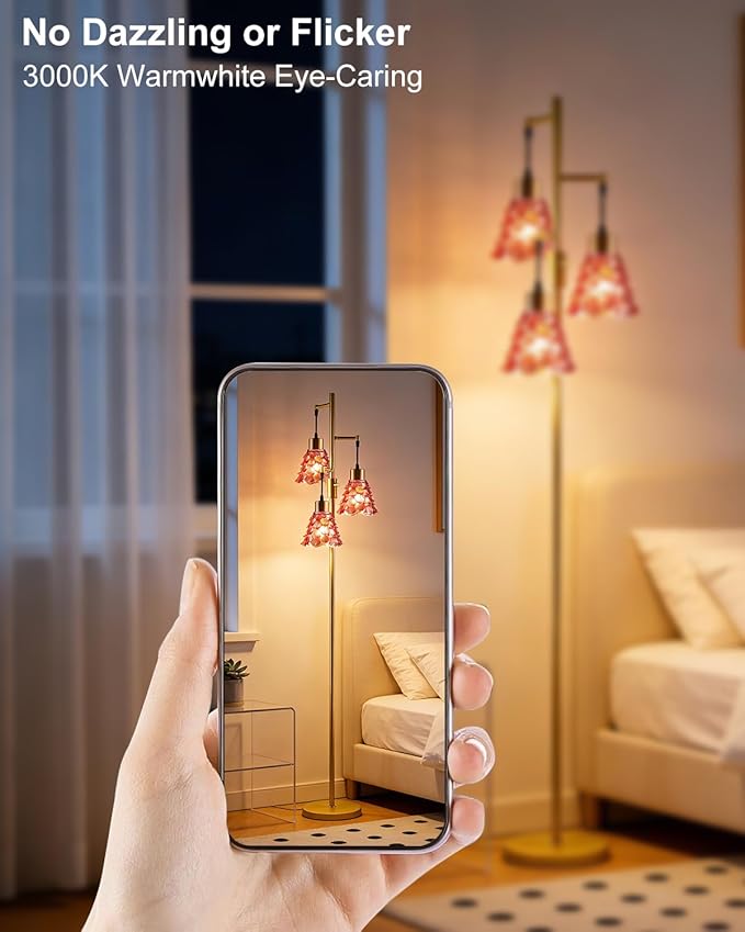 Lightdot 65" Glass Floor Lamps for Living Room, 3-Light Dimmable Floor Lamp with Rose Red Glass Shade& E12 Bulbs Included, Mid Century Standing Tall Lamp for Bedroom/Sofa Beside/Corner Decor-Gold