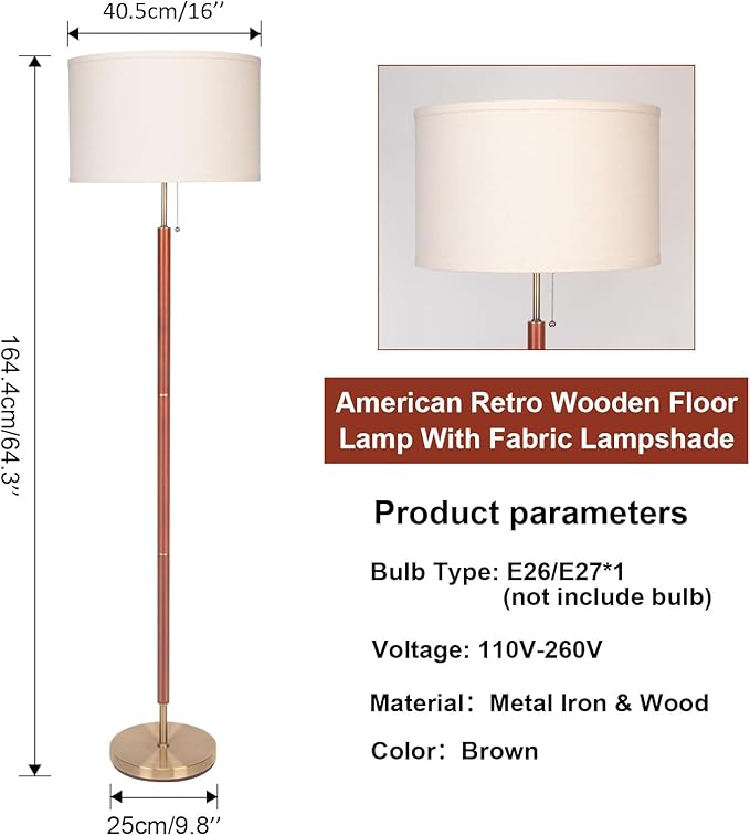 HonoDing Mid-Century Modern Floor Lamp, Walnut Wood Finish, Drum Shade, Living Room Décor (64in, E26 LED)