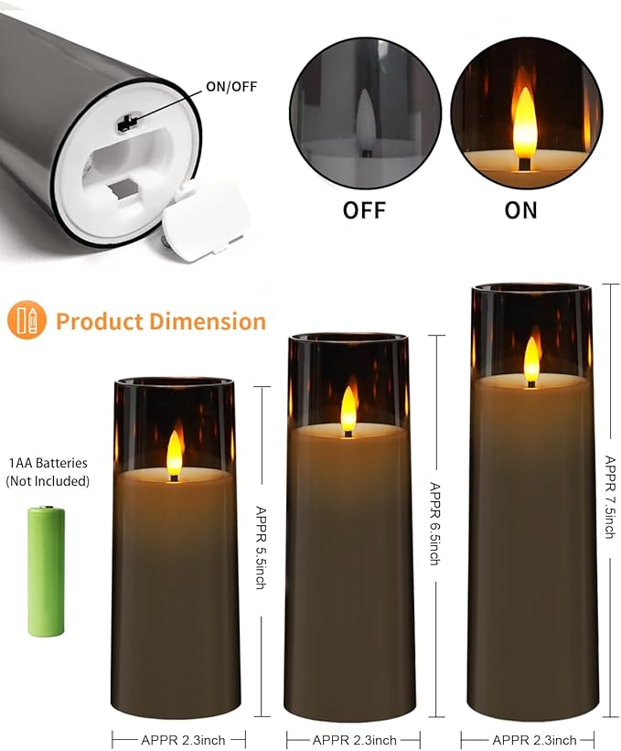 Flickering Flameless Candles Battery Operated with Remote and 2/4/6/8 H Timer Plexiglass Led Pillar Candles Pack of 9 (D2.3 xH5.5 6.5" 7.5") with Realistic 3D Wick Candles for Home Decor(Grey)