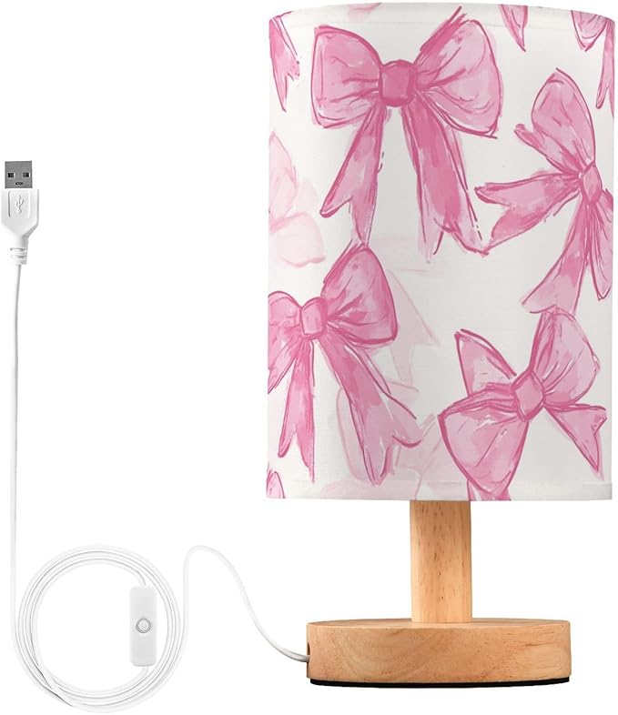 Bedside Table Lamp Pink Bow Printed Nightstand Lamp with Wood Desk Lamps for Bedroom Living Room Nursery Office Home Decor