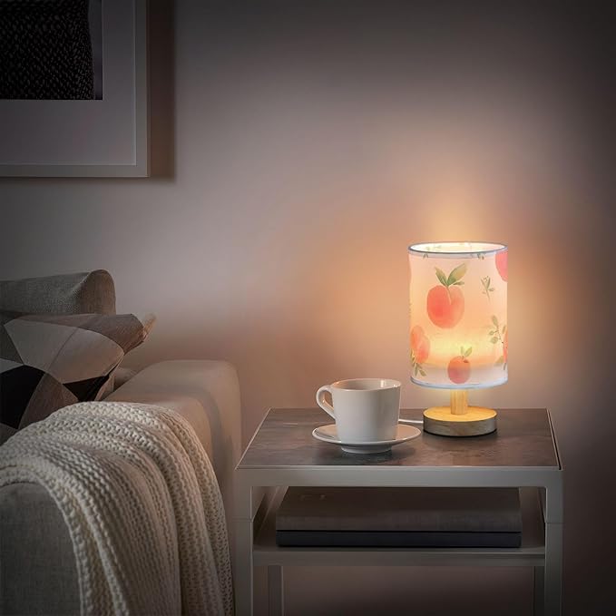 Bedside Table Lamp Peach Watercolor Fruit Leaves Pink Nightstand Lamp with Wood Desk Lamps for Bedroom Living Room Nursery Office Home Decor