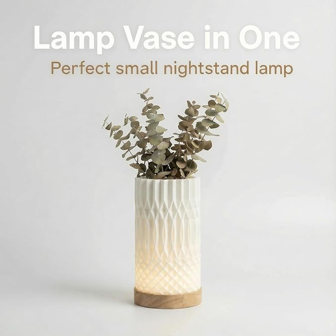 3D Printed Mini Lamp, Small Bedside Lamp with 3-Color Dimmable LED, Small Nightstand Lamp for Tight Spaces, Beautiful Lamp with Wooden Base - Flame