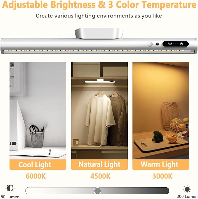 Battery Powered Operated Wall Strip Lights, Motion Sensor LED Light Bar Indoor, Rechargeable Magnetic Under Cabinet Lighting Wireless with Remote Control for Picture Shelf Bathroom – Silver
