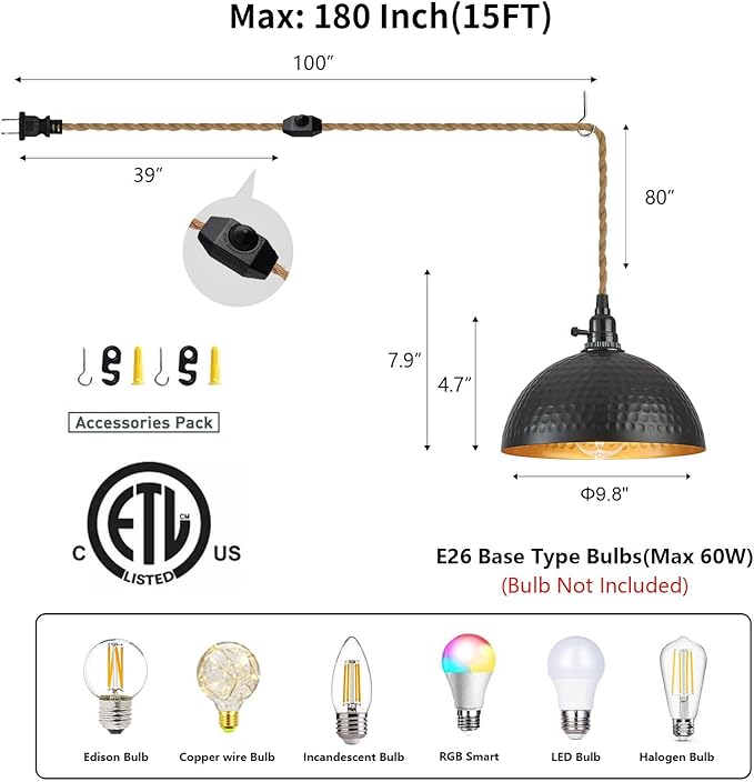 Plug in Pendant Lights Hammered Dome Hanging Lamp with Dimmable Switch 15 Ft Long Hemp Rope Farmhouse Pndant Light Cord Lighting Fixture DIY Hanging Light