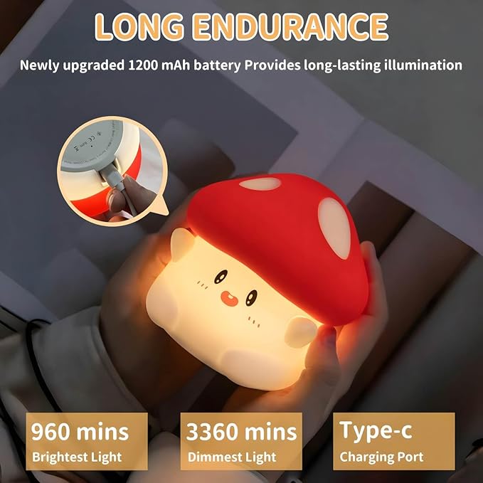 Mushroom Night Light Squishy Lamp, 50Hrs Battery Kids Nightlight, Tap Control, 30Min Auto-Off, Rechargeable Kawaii Bedside Lamp for Girls Room Decor, [Easter Gifts]