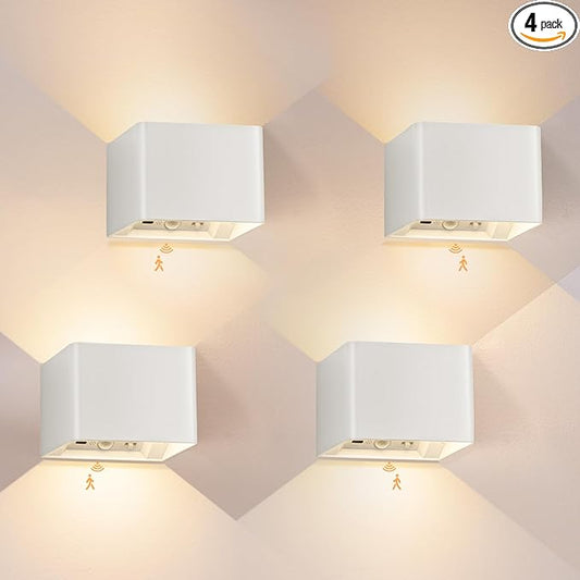 Yochoice Motion Sensor Wall Light with Remote Control, 6000mAh White Wireless Touch Control Rechargeable Wall Lamps with 3 Color Temperatures, LED Up Down Battery Operated Wall Lights Indoor, 4-Pack