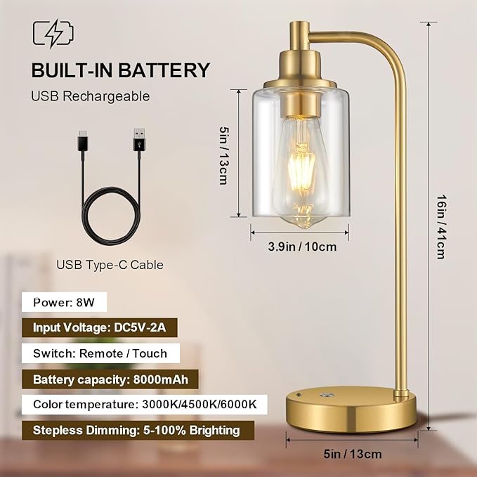 2 Pack Cordless Table Lamp Rechargeable Gold, 8000mAh Battery Operated Table Lamps with Remote Control, Touch Dimmable Bedside Lamps with Glass Shade, Portable Wireless Lamp for Bedroom, Living Room
