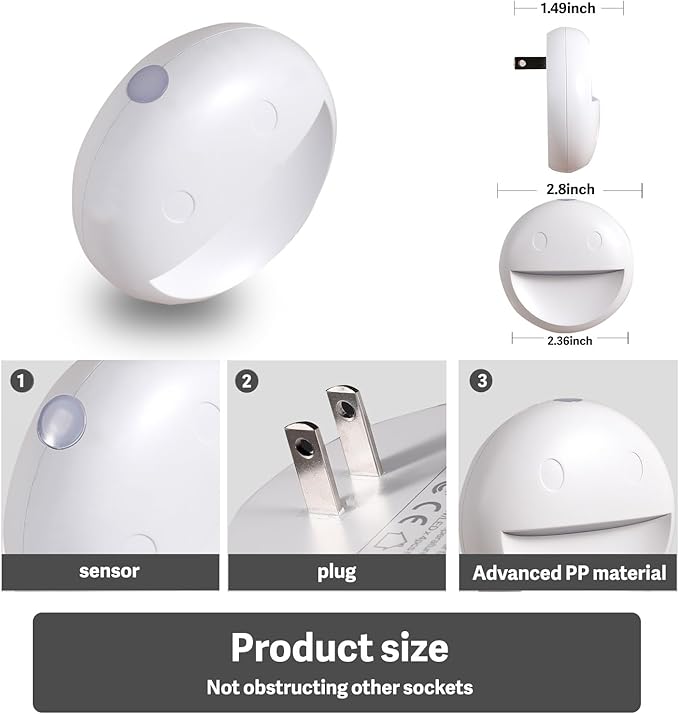 VAVOFO Plug in Night Light with Dusk to Dawn Sensor, 4 Pack Smiley Face LED Night Lights, 4800-5200K Daylight White, Energy Efficient Wall Plug Night Lamp for Bedroom, Hallway, Kids Room