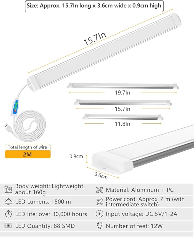 Strip Lights 15.7In Closet Lights, 12W 88 LED Super Bright, Dimming and Color Adjustment，USB Powered LED Light Bar for Room Under Counter Lighting Work Tables Student Dormitory Monitor Light