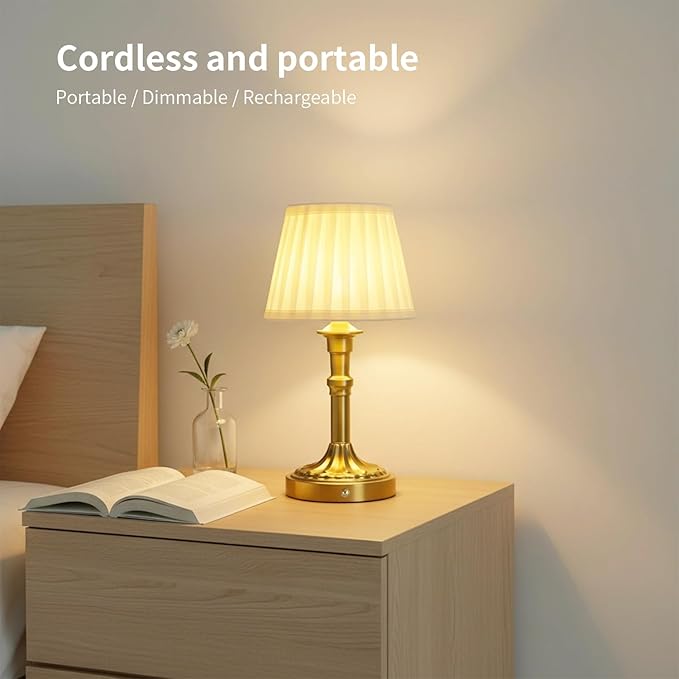 Cordless Table Lamp,Portable Fabric Shade LED Des Lamps,5200mAh Battery Operated,3 Color Stepless Dimming Up,for Restaurant, Bedroom, Camping, Bar, Coffee Shop, Night Light (Bronze)