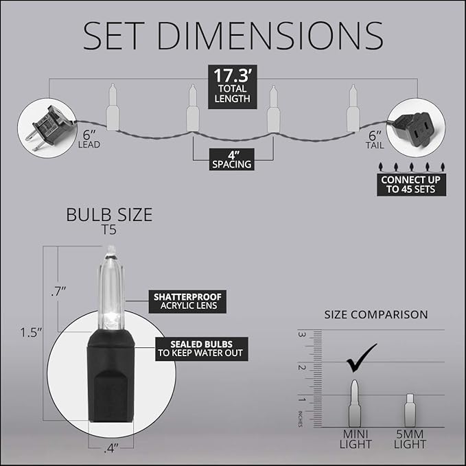 Wintergreen Lighting 50 T5 LED Warm White Mini Christmas Tree Light Set, 4 Spacing, 17', Party Lights Bedroom Lights Dorm Lights String Lights (Warm White, 17 Ft)